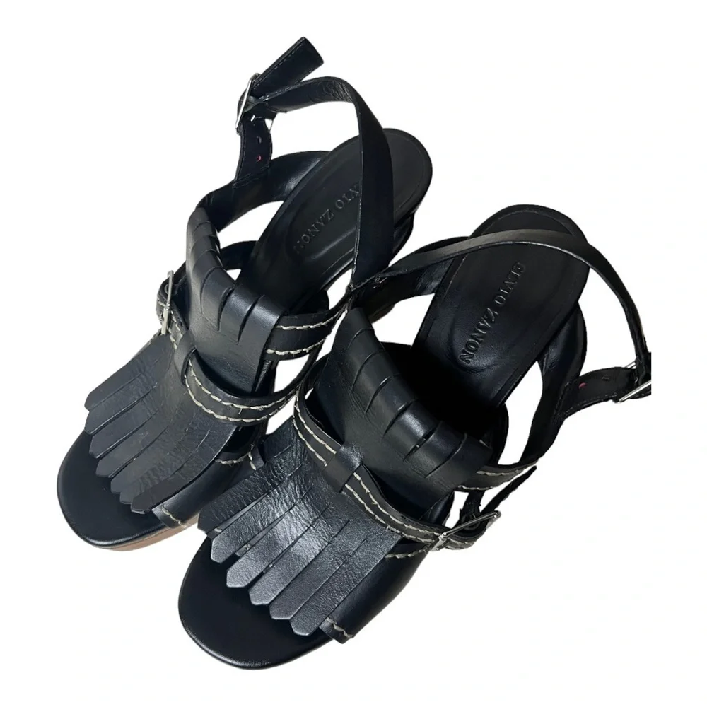 Elvio Zanon Black Leather Fringe Style Heel Platform Sandals Size 39 (US 8.5)